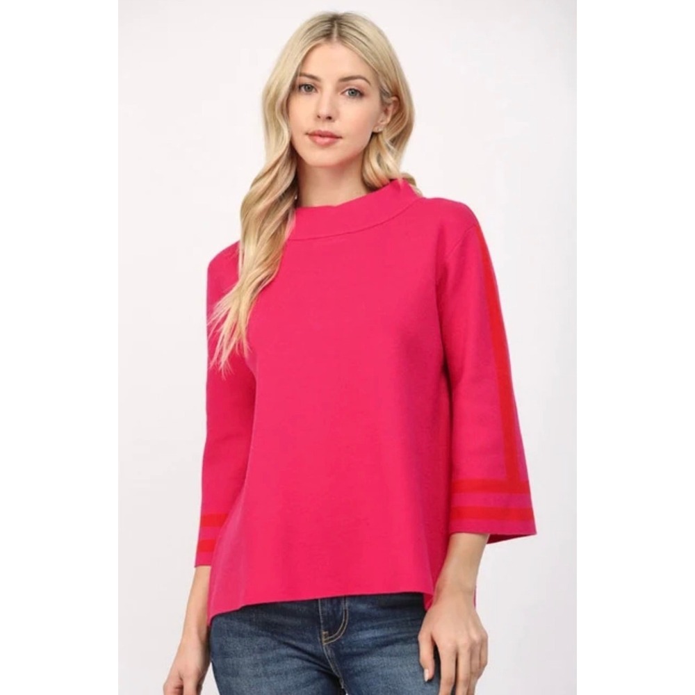 Fate Womens Pink Mock Neck Sweater Size M Stripe Sleeve Pullover Barbie Dopamine